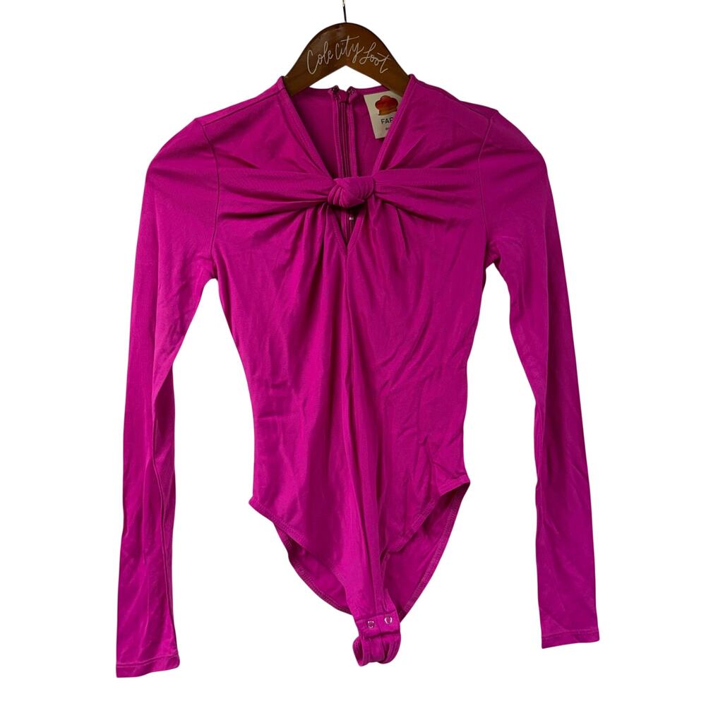 Farm Rio Hot Pink Long Sleeve Bodysuit XXS Knot Cut Out NWT